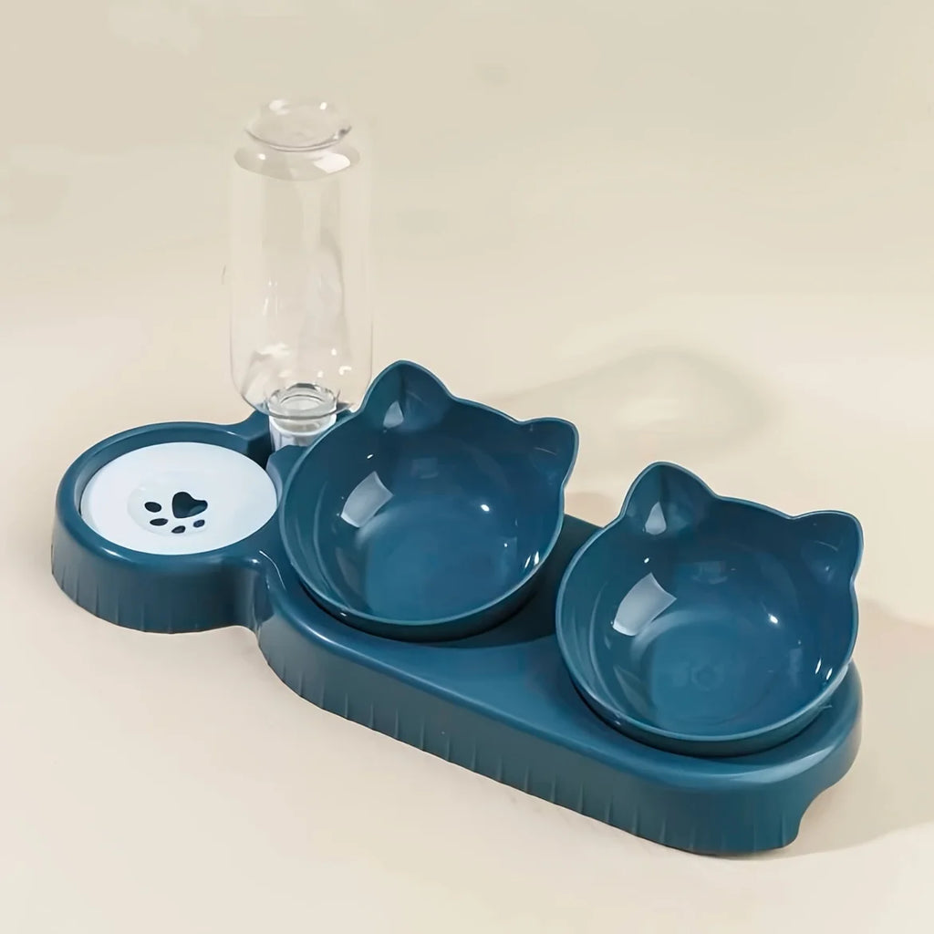 Pet Bowls With Water Feeder, 3 In 1 Ear Design Tilted Cat Water And Food Bowl Set With Gravity Water Bottle For Neck Protection by HARMONYA STORE
