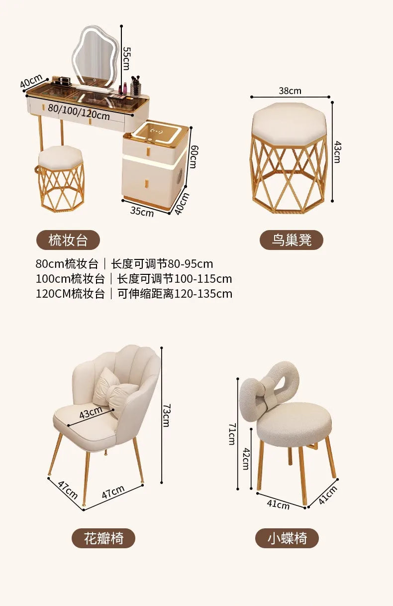 Modern Minimalist Dressing Table Woman Makeup Desk Bedroom Wireless Charging Bedside Table Mirror Stool Comfortable Furniture by HARMONYA STORE