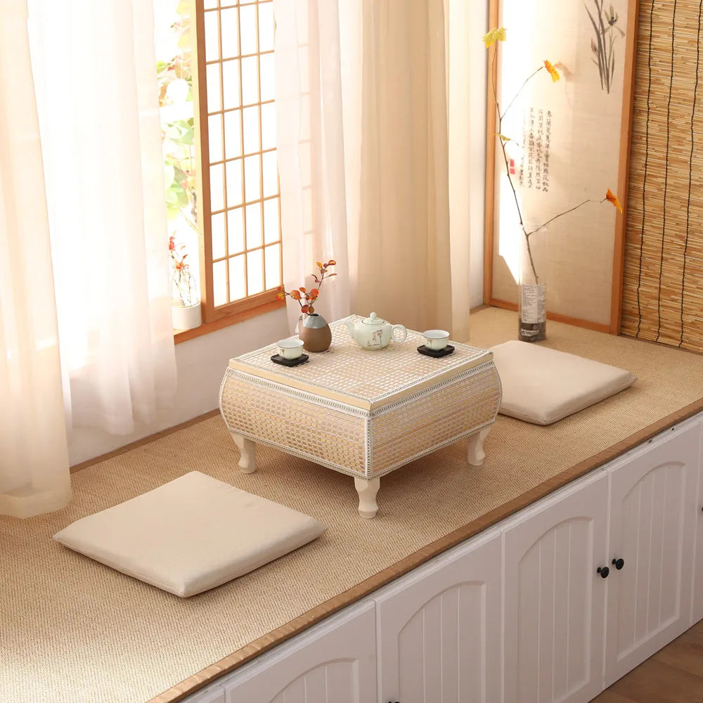 Handwoven Rattan Tatami Stand Minimalist Bay Window Tea Table Solid Wood Desk Rustic Furniture Window-Side Table by HARMONYA STORE