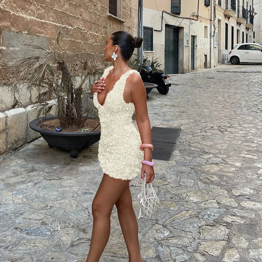 Suninheart Summer Floral Applique Mini Dress Sexy 2024 New Arrivals Orange V Neck Bodycon Party Dresses Satin Birthday Dress by HARMONYA STORE