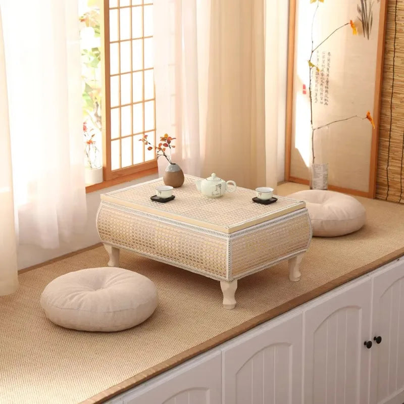 Handwoven Rattan Tatami Stand Minimalist Bay Window Tea Table Solid Wood Desk Rustic Furniture Window-Side Table by HARMONYA STORE
