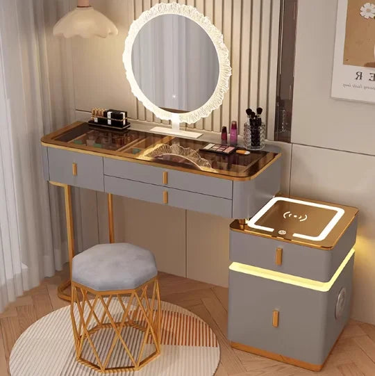 Modern Minimalist Dressing Table Woman Makeup Desk Bedroom Wireless Charging Bedside Table Mirror Stool Comfortable Furniture by HARMONYA STORE