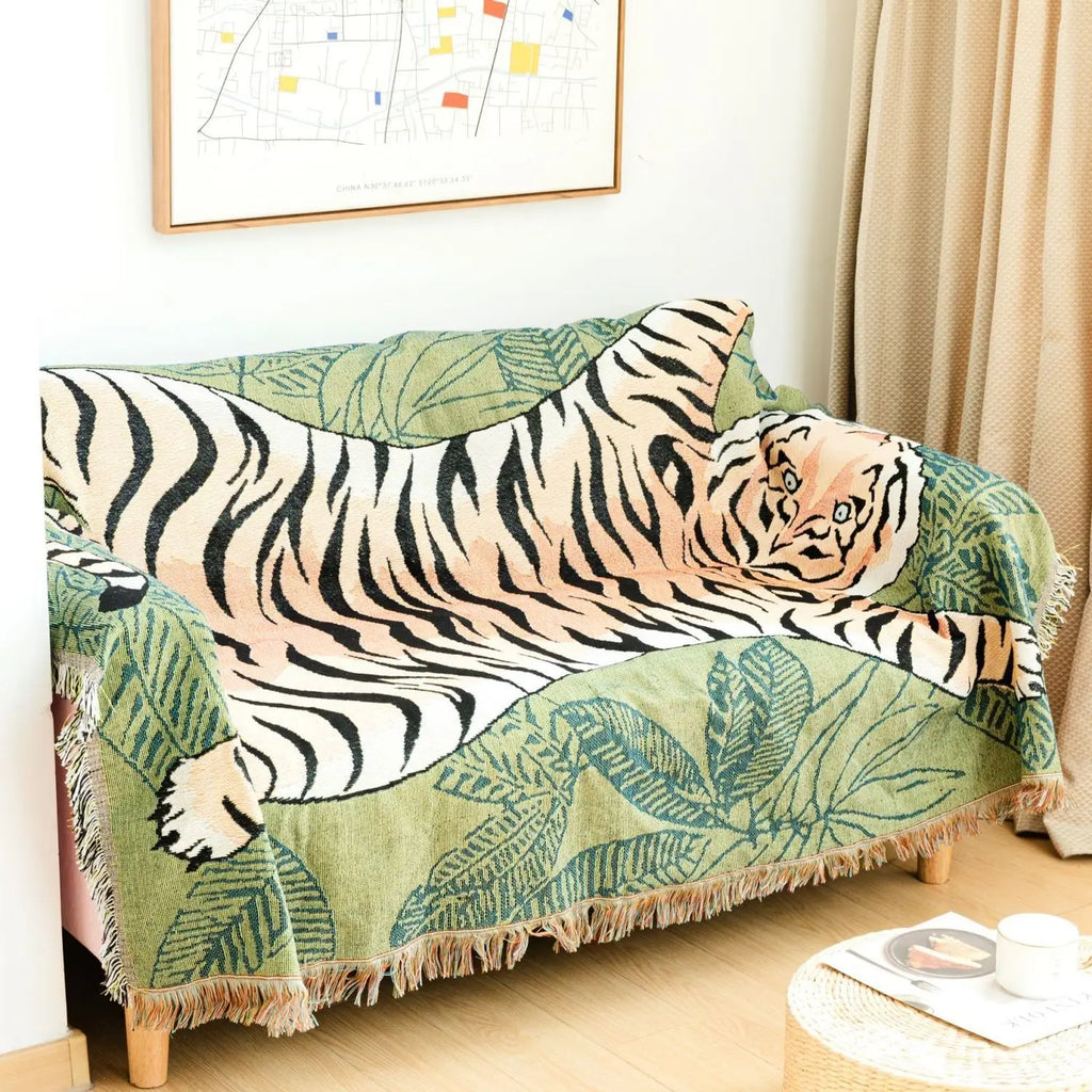 Textile City Jungle Green Tiger Throw Blanket Tropical Palm Leaf Woven Tapestry Wild Animal Safari Decorative Sofa Throw Blanket by HARMONYA STORE