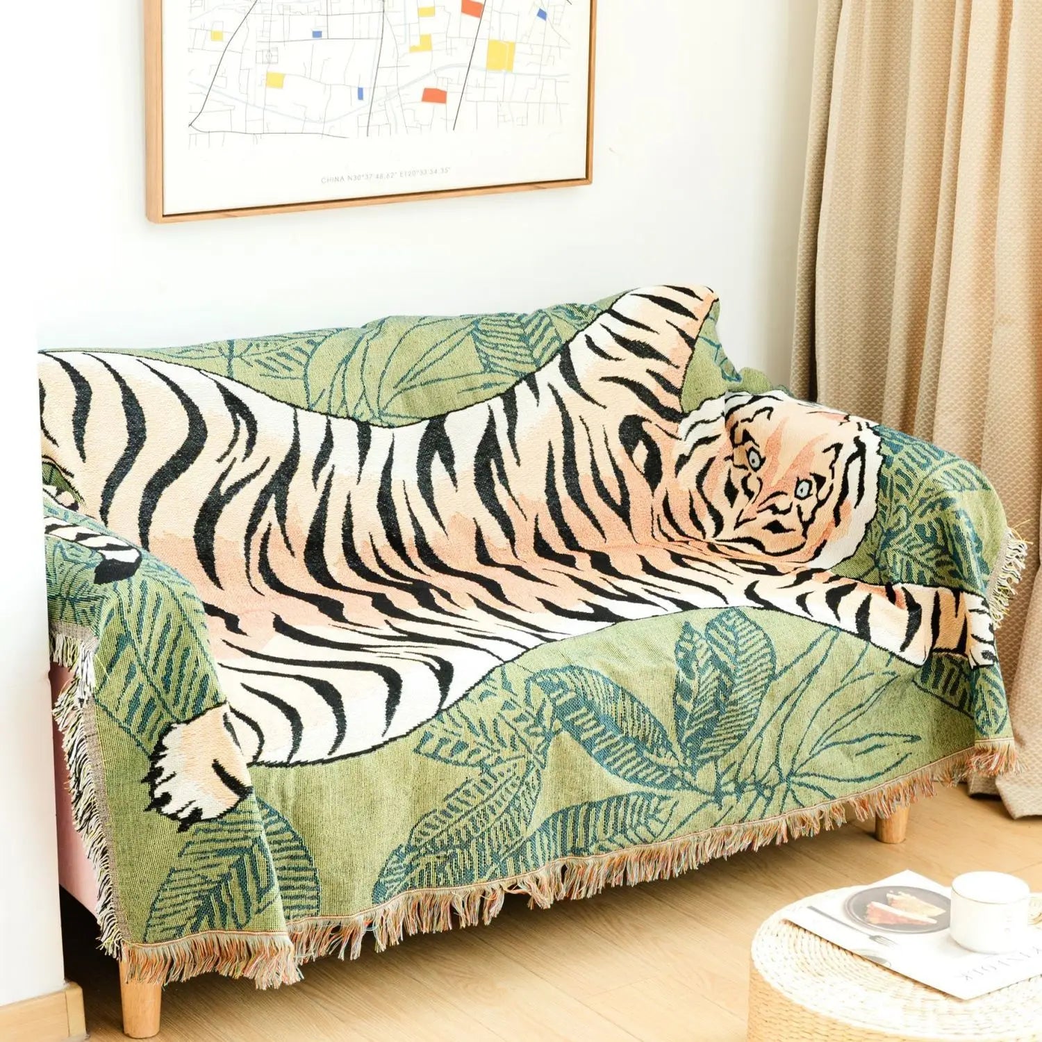 Textile City Jungle Green Tiger Throw Blanket Tropical Palm Leaf Woven Tapestry Wild Animal Safari Decorative Sofa Throw Blanket by HARMONYA STORE