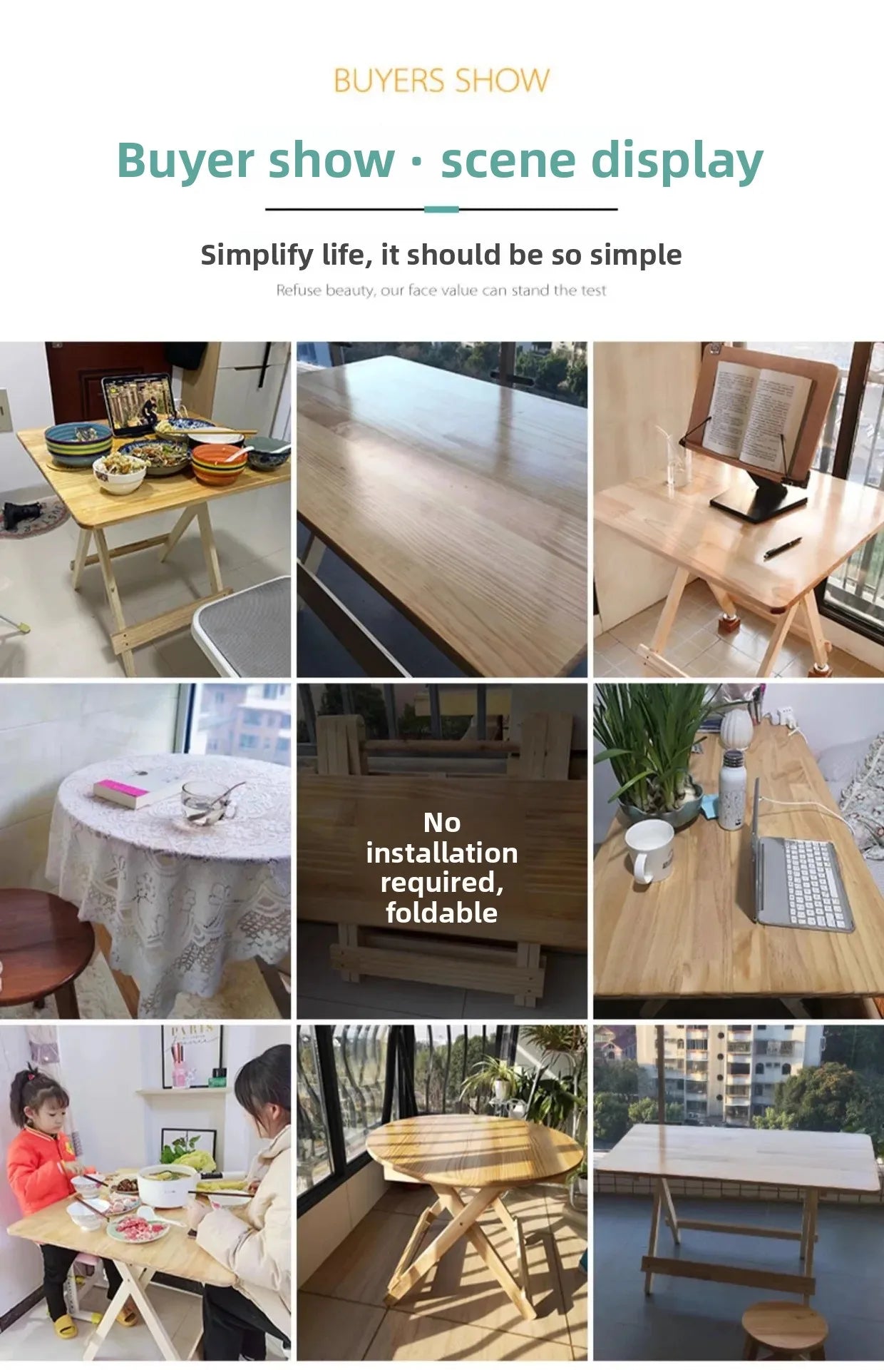 Solid Wood Rectangular Foldable Table Portable Dining Table for Home Small Apartment Balcony Bay Window Study Picnic Desk by HARMONYA STORE