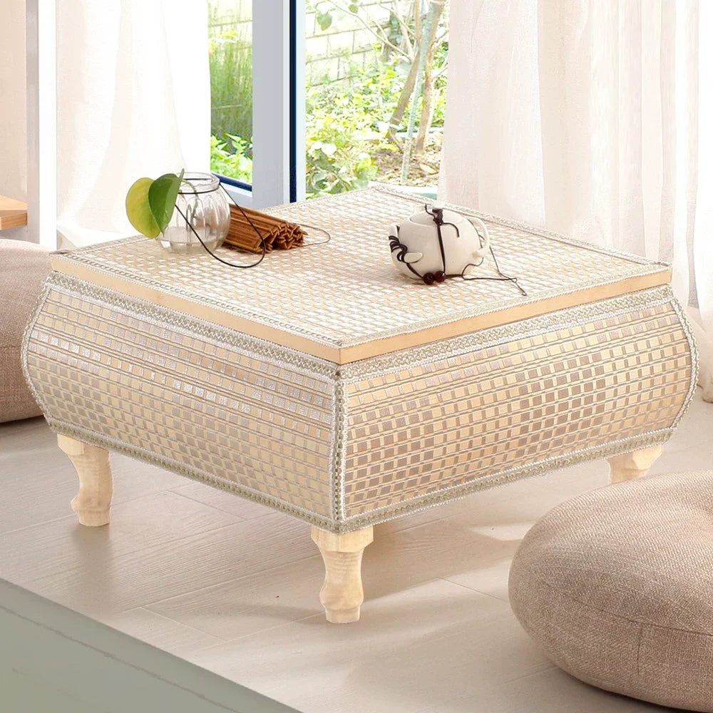Handwoven Rattan Tatami Stand Minimalist Bay Window Tea Table Solid Wood Desk Rustic Furniture Window-Side Table by HARMONYA STORE