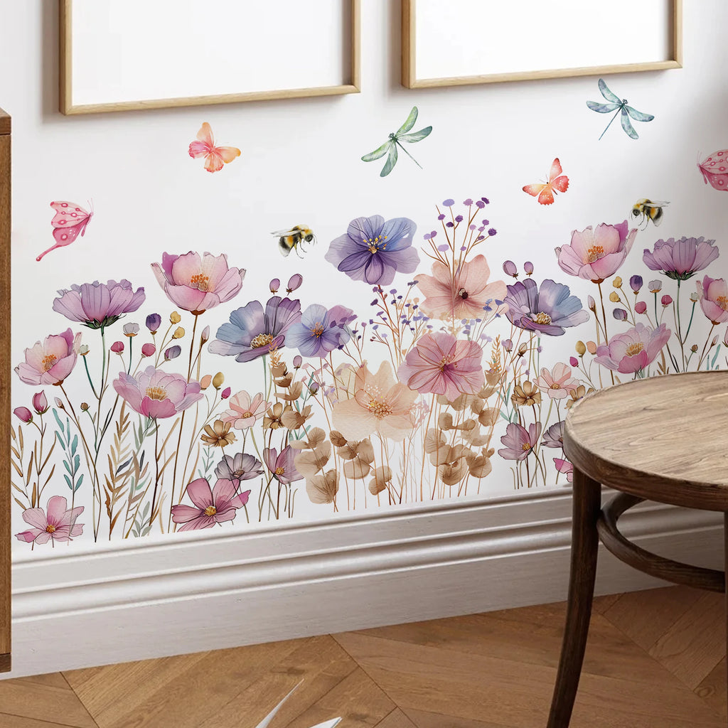 Painted flowers butterfly bee Wall Sticker Living Room Girls Background Decal Mural Bedroom Living Home Decor Self-adhesive by HARMONYA STORE