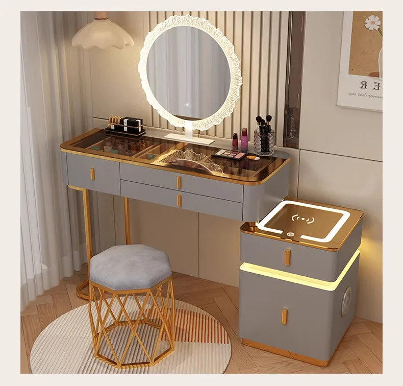 Modern Minimalist Dressing Table Woman Makeup Desk Bedroom Wireless Charging Bedside Table Mirror Stool Comfortable Furniture by HARMONYA STORE