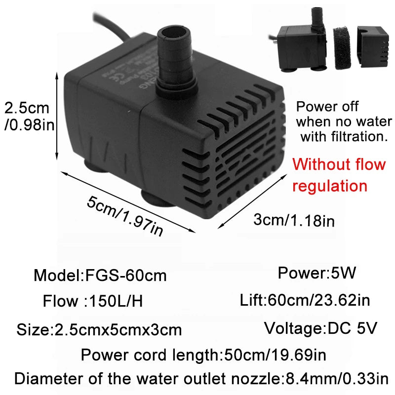 Ultra Quiet USB Aquarium Fish Tank Filtration Pump Mini Pet Fountain Submersible Adjustable Flow Water Circulation Pump 5V 5W by HARMONYA STORE