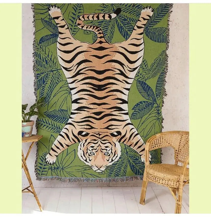 Textile City Jungle Green Tiger Throw Blanket Tropical Palm Leaf Woven Tapestry Wild Animal Safari Decorative Sofa Throw Blanket by HARMONYA STORE