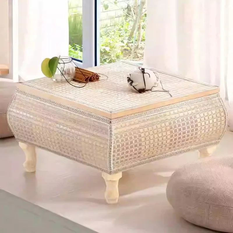 Handwoven Rattan Tatami Stand Minimalist Bay Window Tea Table Solid Wood Desk Rustic Furniture Window-Side Table by HARMONYA STORE
