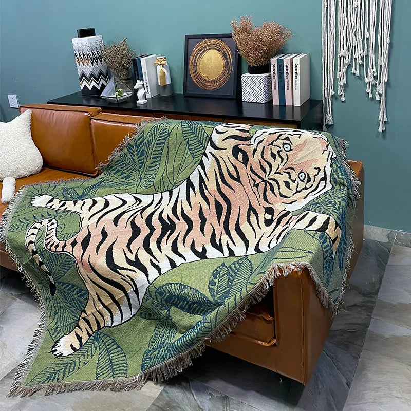 Textile City Jungle Green Tiger Throw Blanket Tropical Palm Leaf Woven Tapestry Wild Animal Safari Decorative Sofa Throw Blanket by HARMONYA STORE