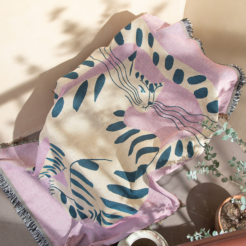 Boho Abstract Cat Jacquard Throw Blanket Artistic Leopard Print Woven Tapestry with Fringe Bohemian Animal Print Decor Throw by HARMONYA STORE