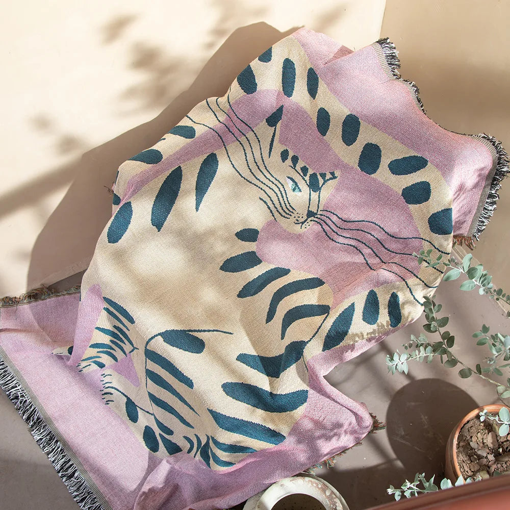 Boho Abstract Cat Jacquard Throw Blanket Artistic Leopard Print Woven Tapestry with Fringe Bohemian Animal Print Decor Throw by HARMONYA STORE