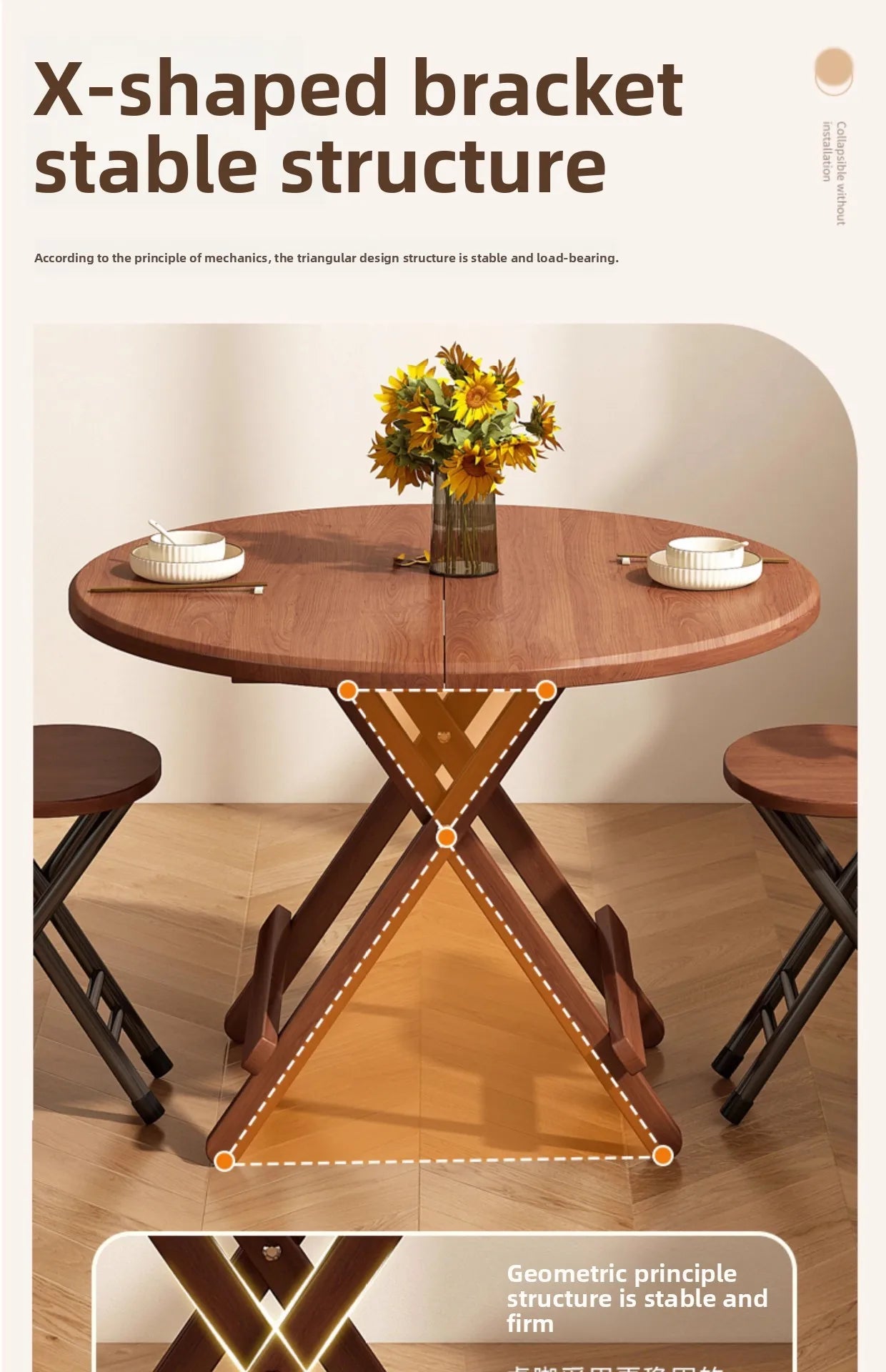 Sturdy Folding Dining Table - No Assembly Needed, Strong Stable Desk for Kitchen, Study & Office, round dining table,small table by HARMONYA STORE