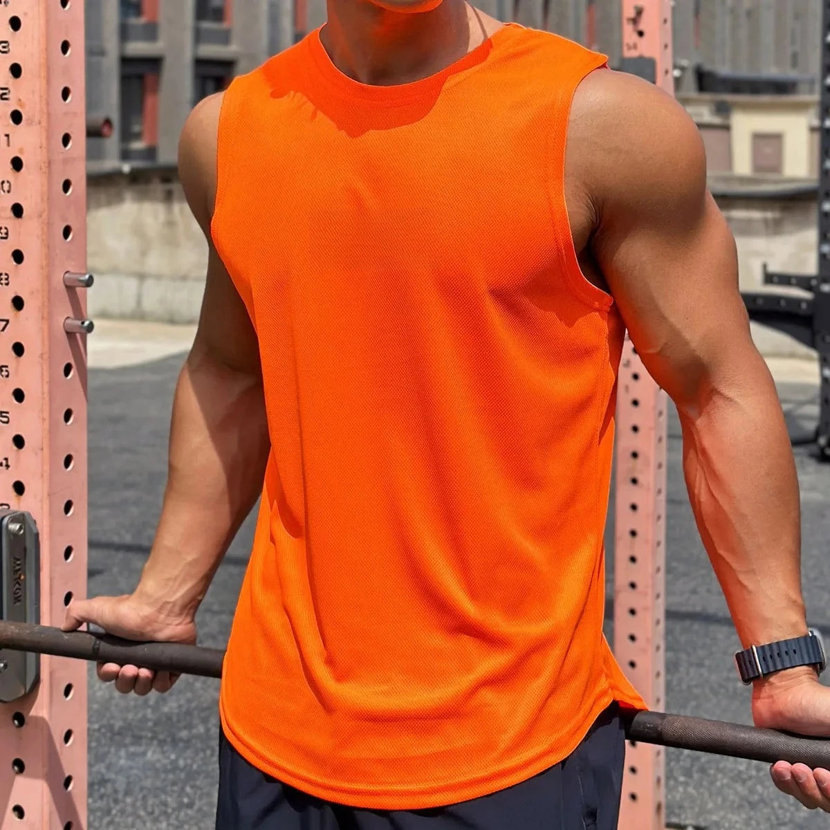 Summer New Trend Men's Pullover Round Neck Mesh Bottom Shirt Sports Fitness Swimming Running Shirt Sleeveless Vest Quick Dry by HARMONYA STORE