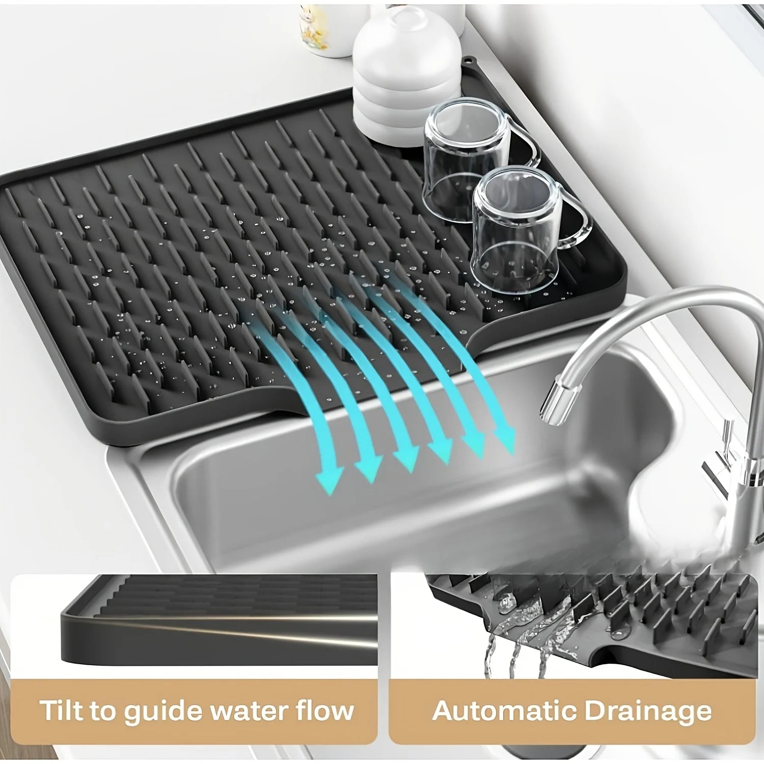 Kitchen Silicone Drain Mat with Built-in Drainage Design, Easy to Clean, Suitable for Countertops, Sinks, Refrigerators by HARMONYA STORE