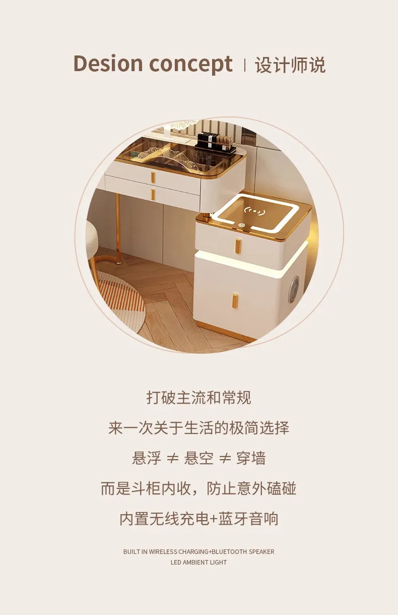 Modern Minimalist Dressing Table Woman Makeup Desk Bedroom Wireless Charging Bedside Table Mirror Stool Comfortable Furniture by HARMONYA STORE