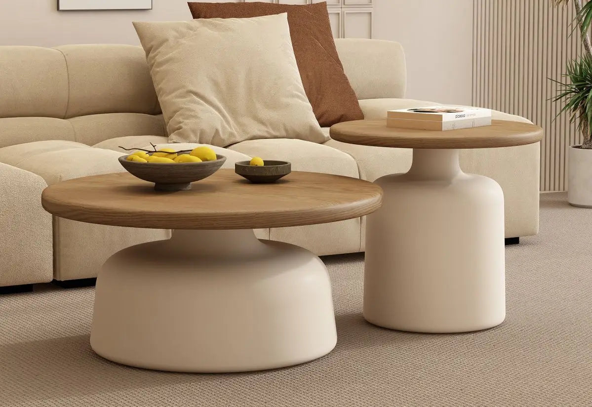 Table Wood Modern Minimalist Round Edge Design Curved White Base Creamy Milk Tea Small Space coffee tables luxury coffee table by HARMONYA STORE