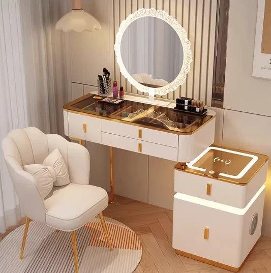 Modern Minimalist Dressing Table Woman Makeup Desk Bedroom Wireless Charging Bedside Table Mirror Stool Comfortable Furniture by HARMONYA STORE