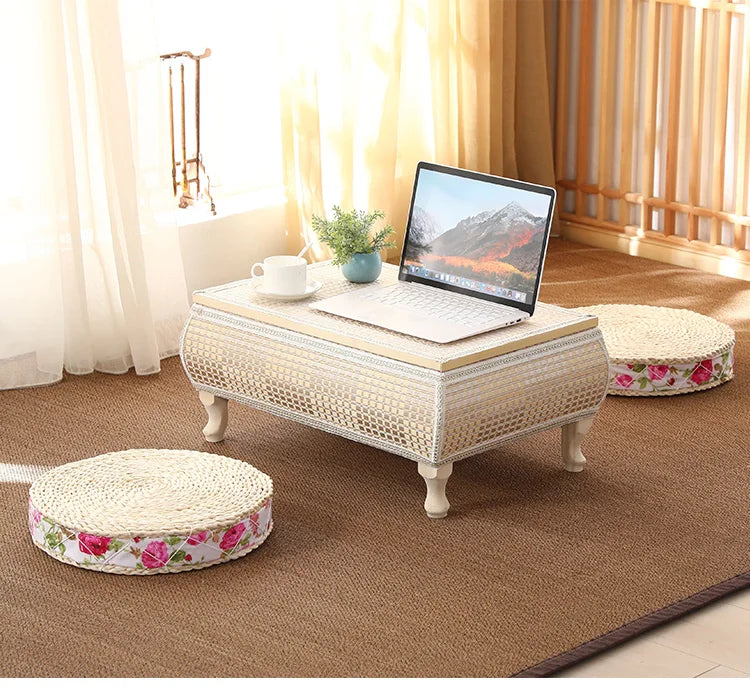 Handwoven Rattan Tatami Stand Minimalist Bay Window Tea Table Solid Wood Desk Rustic Furniture Window-Side Table by HARMONYA STORE