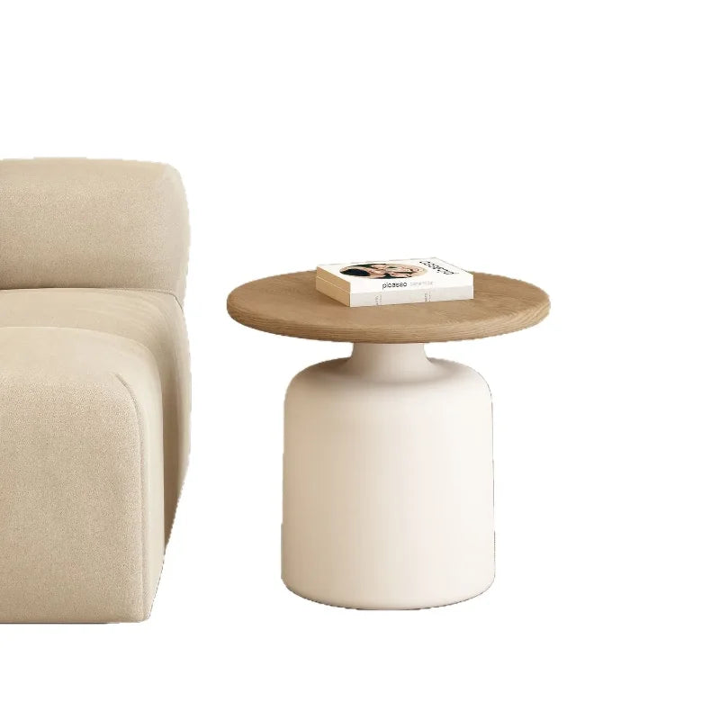 Table Wood Modern Minimalist Round Edge Design Curved White Base Creamy Milk Tea Small Space coffee tables luxury coffee table by HARMONYA STORE