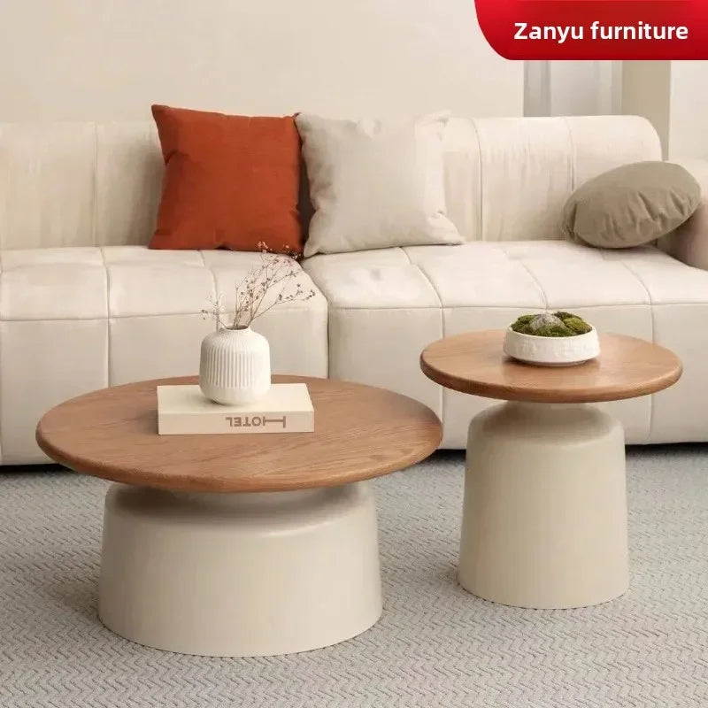 Table Wood Modern Minimalist Round Edge Design Curved White Base Creamy Milk Tea Small Space coffee tables luxury coffee table by HARMONYA STORE