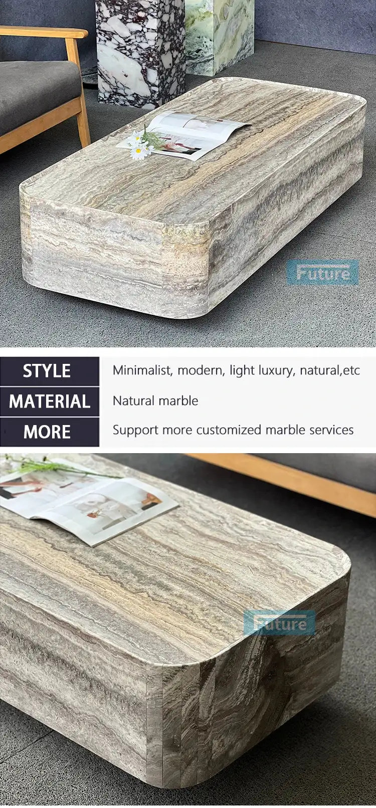 Rectangular Sliver Grey Travertine Marble Coffee Table Modern Luxury Minimalist Mable Beside Table for Cafe Terrace Furniture by DSERS