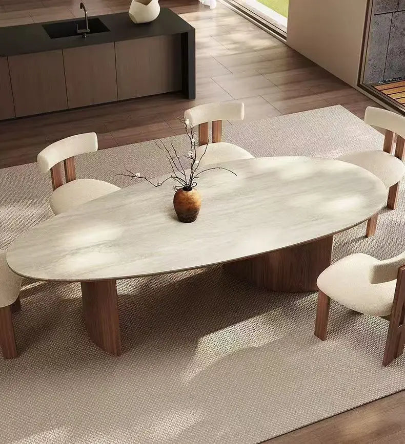 French medieval style water drop-shaped travertine rock slab dining table walnut solid wood home retro silent wind solid wood di by HARMONYA STORE
