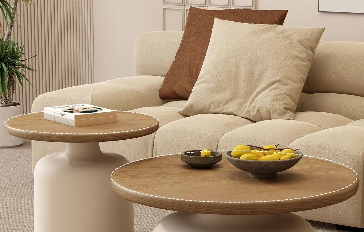 Table Wood Modern Minimalist Round Edge Design Curved White Base Creamy Milk Tea Small Space coffee tables luxury coffee table by HARMONYA STORE