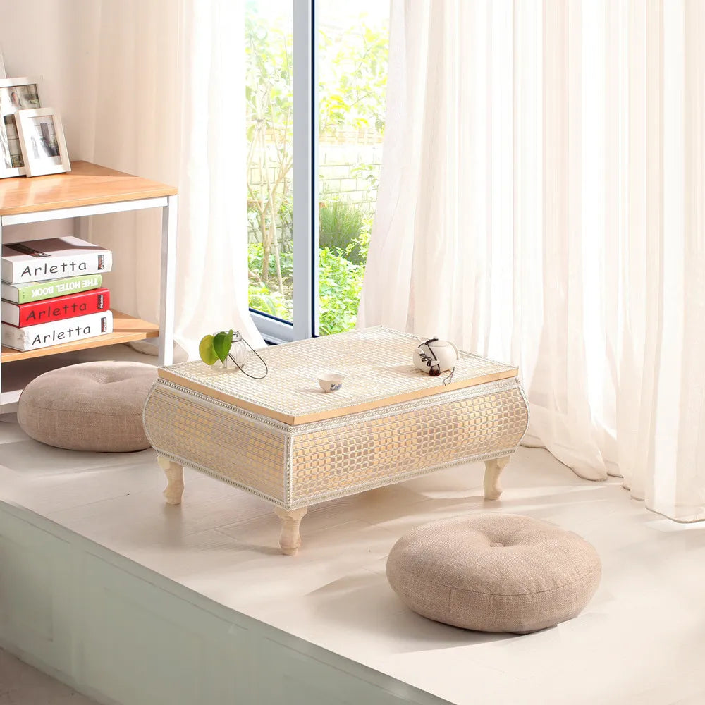 Handwoven Rattan Tatami Stand Minimalist Bay Window Tea Table Solid Wood Desk Rustic Furniture Window-Side Table by HARMONYA STORE
