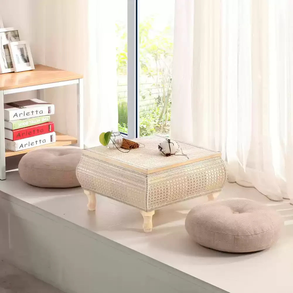 Handwoven Rattan Tatami Stand Minimalist Bay Window Tea Table Solid Wood Desk Rustic Furniture Window-Side Table by HARMONYA STORE