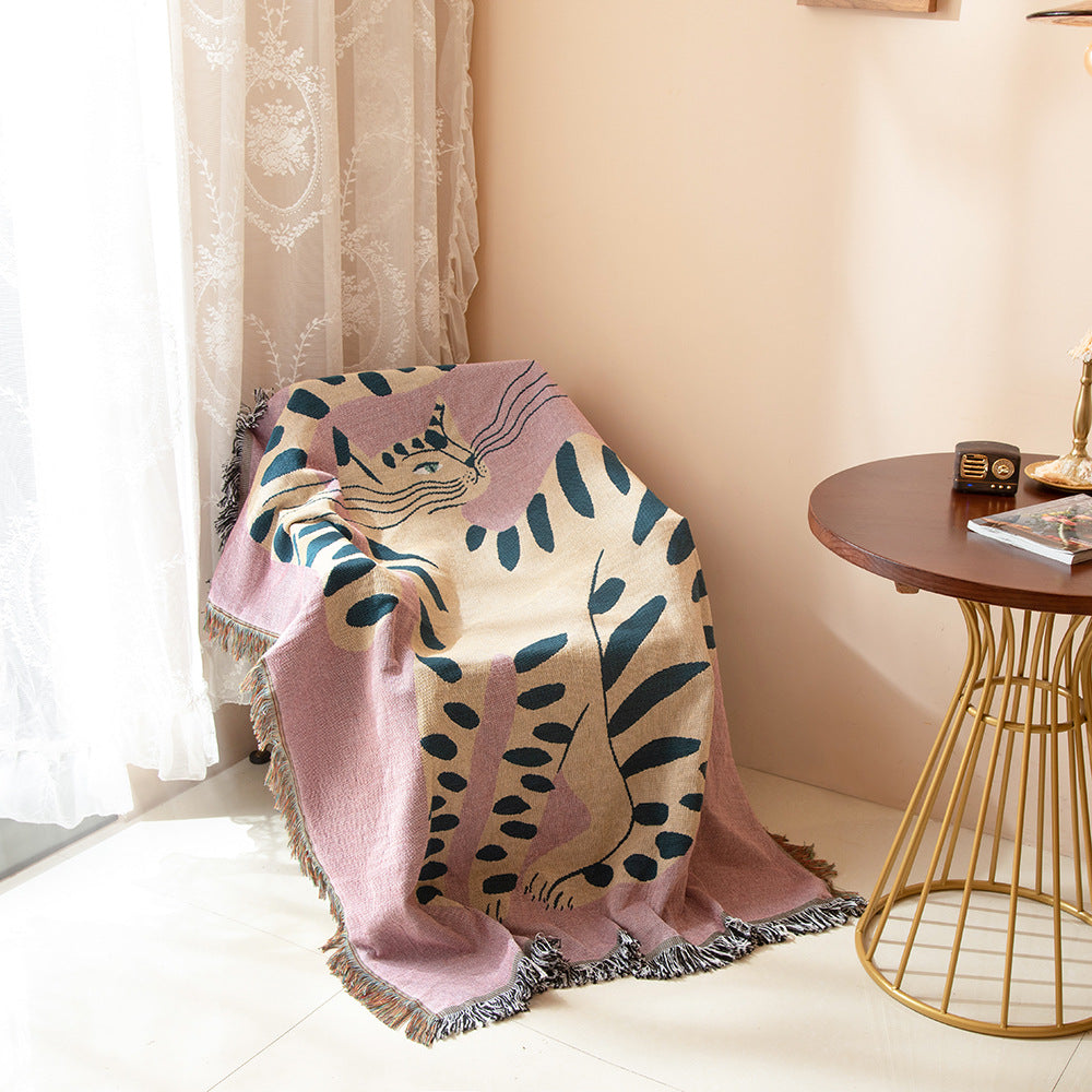 Boho Abstract Cat Jacquard Throw Blanket Artistic Leopard Print Woven Tapestry with Fringe Bohemian Animal Print Decor Throw by HARMONYA STORE