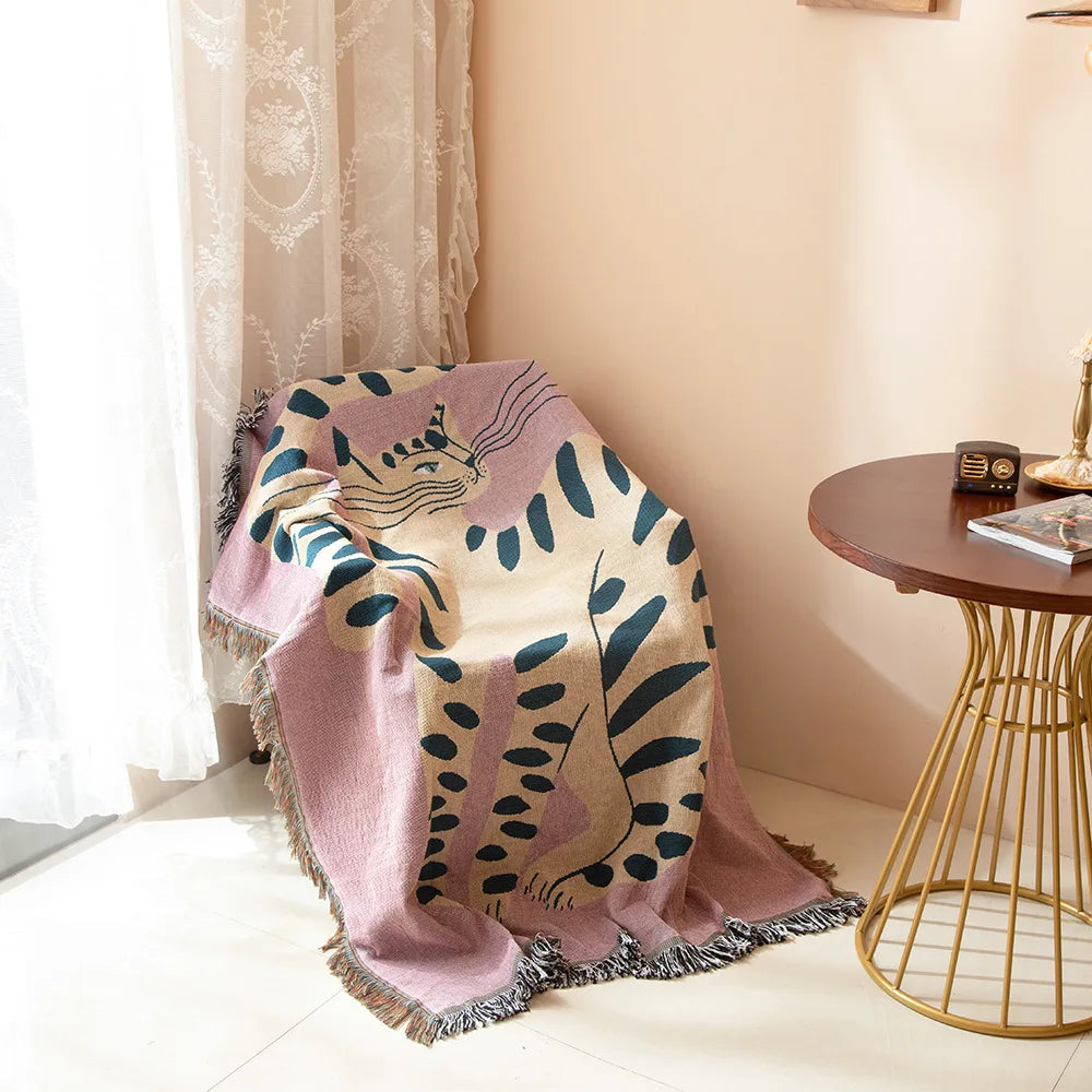Boho Abstract Cat Jacquard Throw Blanket Artistic Leopard Print Woven Tapestry with Fringe Bohemian Animal Print Decor Throw by HARMONYA STORE