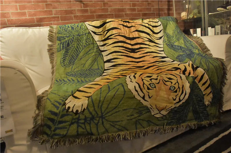 Textile City Jungle Green Tiger Throw Blanket Tropical Palm Leaf Woven Tapestry Wild Animal Safari Decorative Sofa Throw Blanket by HARMONYA STORE