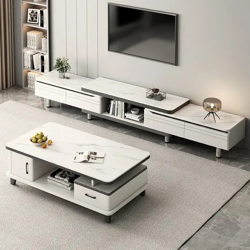 Modern LED TV Stand for Televisions Up Coffee Table Glass Shelves and Drawer Gaming Entertainment Center with Multiple Cabinet by DSERS