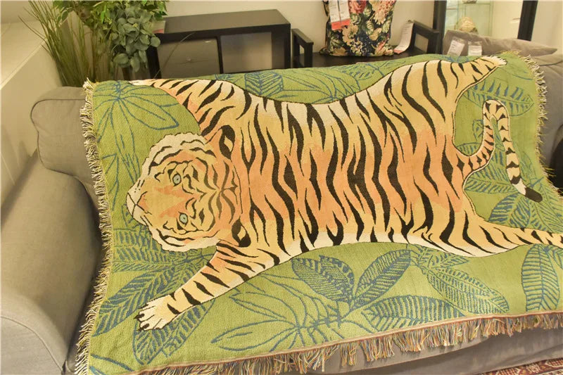 Textile City Jungle Green Tiger Throw Blanket Tropical Palm Leaf Woven Tapestry Wild Animal Safari Decorative Sofa Throw Blanket by HARMONYA STORE