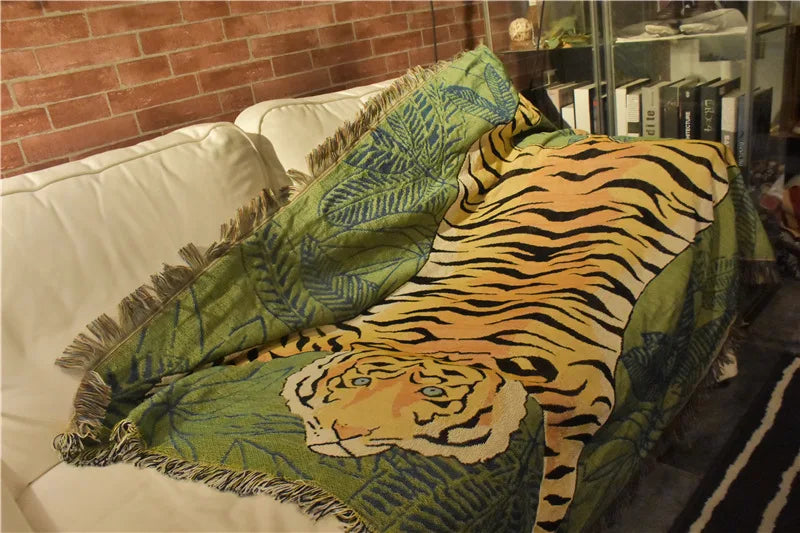 Textile City Jungle Green Tiger Throw Blanket Tropical Palm Leaf Woven Tapestry Wild Animal Safari Decorative Sofa Throw Blanket by HARMONYA STORE