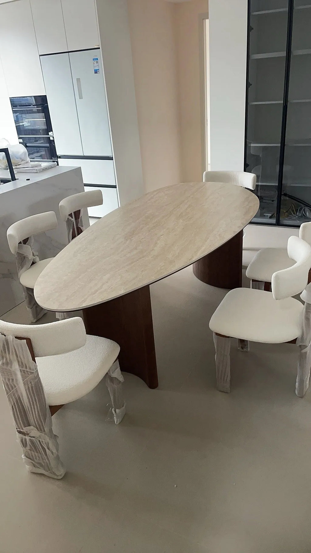 French medieval style water drop-shaped travertine rock slab dining table walnut solid wood home retro silent wind solid wood di by HARMONYA STORE