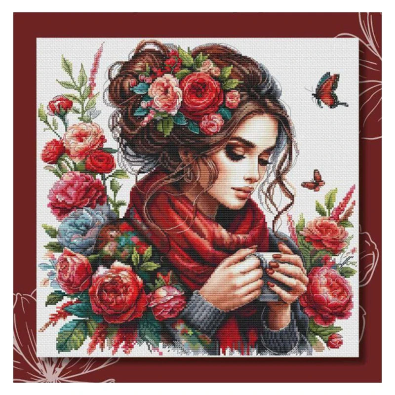 Amishop Tea Drinking Girl Counted Cross Stitch Kit Rose Woman Flowers Lady DIY Embroidery Home Decorate Needlework by HARMONYA STORE