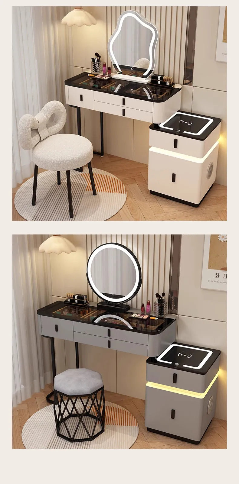 Modern Minimalist Dressing Table Woman Makeup Desk Bedroom Wireless Charging Bedside Table Mirror Stool Comfortable Furniture by HARMONYA STORE