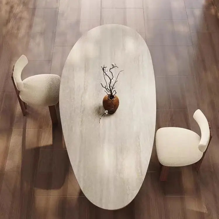 French medieval style water drop-shaped travertine rock slab dining table walnut solid wood home retro silent wind solid wood di by HARMONYA STORE