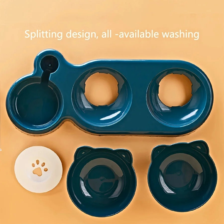 Pet Bowls With Water Feeder, 3 In 1 Ear Design Tilted Cat Water And Food Bowl Set With Gravity Water Bottle For Neck Protection by HARMONYA STORE