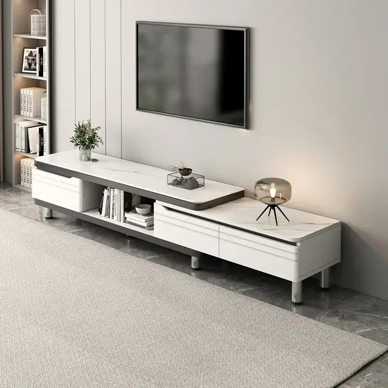 Modern LED TV Stand for Televisions Up Coffee Table Glass Shelves and Drawer Gaming Entertainment Center with Multiple Cabinet by DSERS