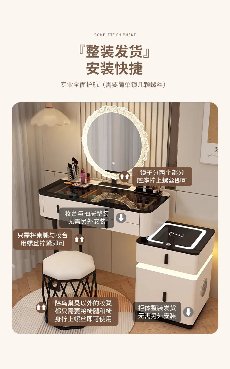 Modern Minimalist Dressing Table Woman Makeup Desk Bedroom Wireless Charging Bedside Table Mirror Stool Comfortable Furniture by HARMONYA STORE