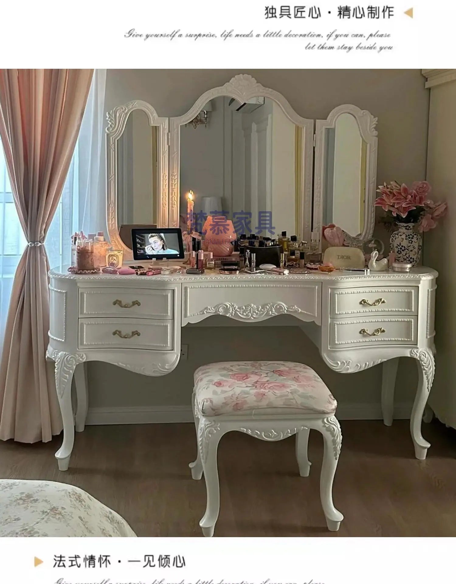 Wooden Luxury Vanity Table Dest European Hidden Glass Modern Dressing Table White Saving Makeup Tafel Furnitures For Bedroom by HARMONYA STORE